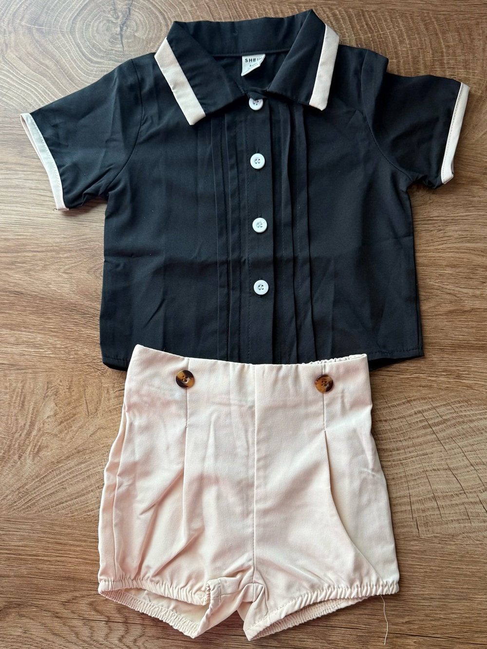 SHEIN Black Button-Front Top with Cream Trim & Cream Shorts
